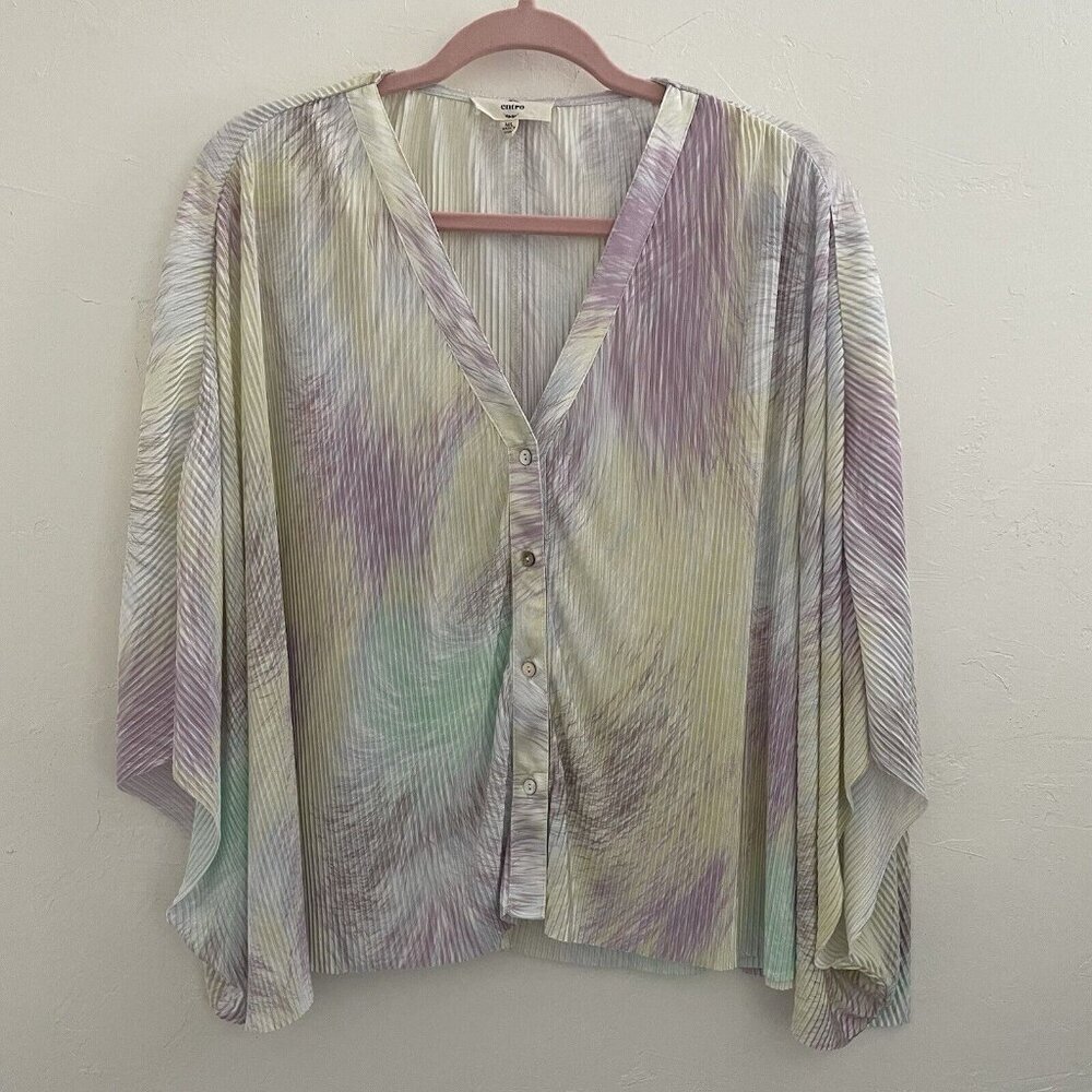 Entro Top Womens M/L Multi Pastel Tie-Dye Pleated Boxy Crop Blouse Spring